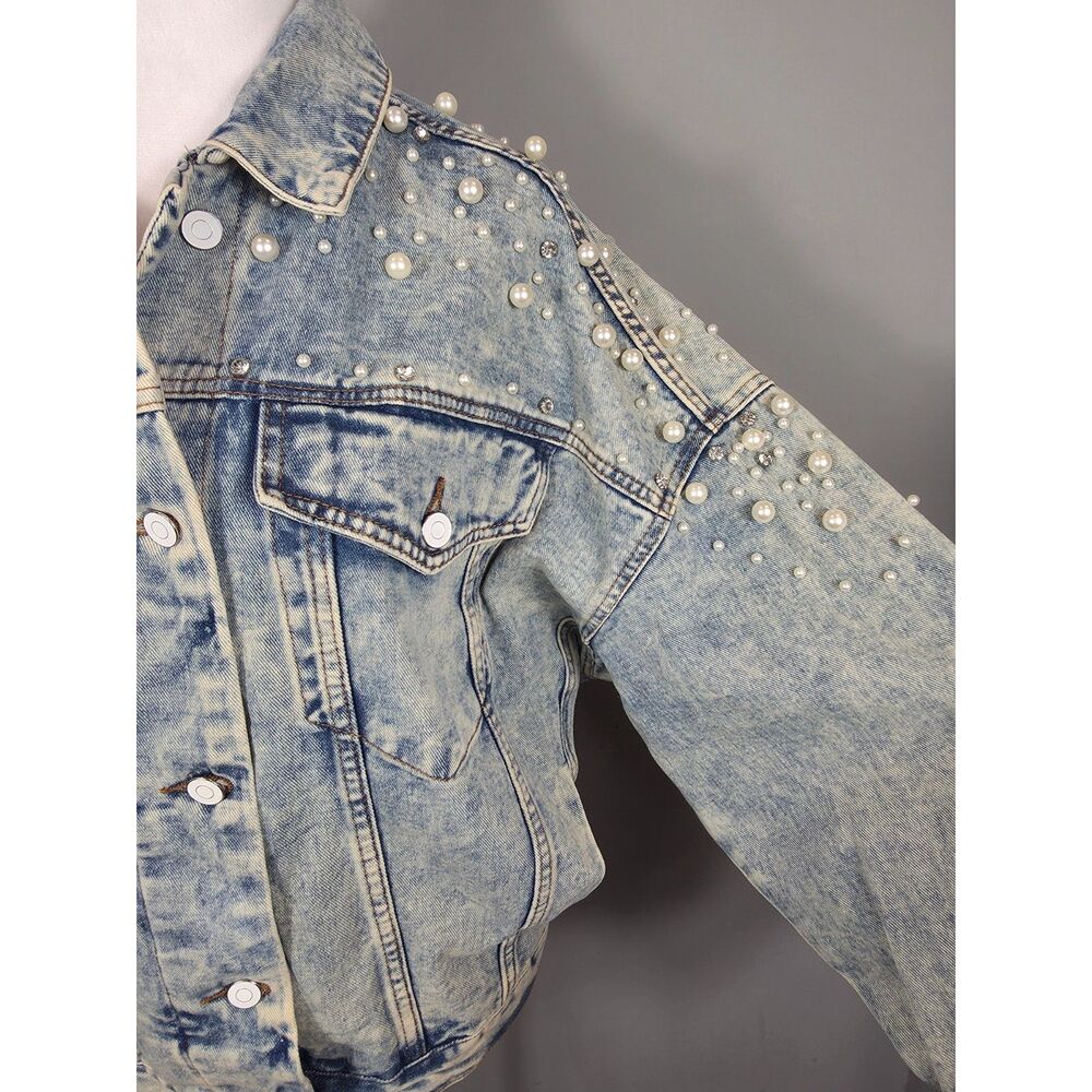 Stitch + Feather Pearl Rhinestone Embellished Denim Jacket Bridal Cowgirl MD